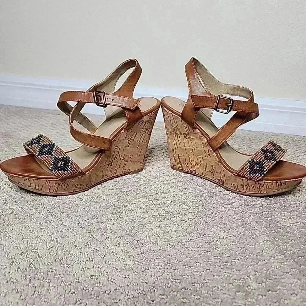 A.N.A‎ A NEW APPROACH BEADED WEDGE SANDALS Heels Brown Blue Cork 7.5 Boho resort
